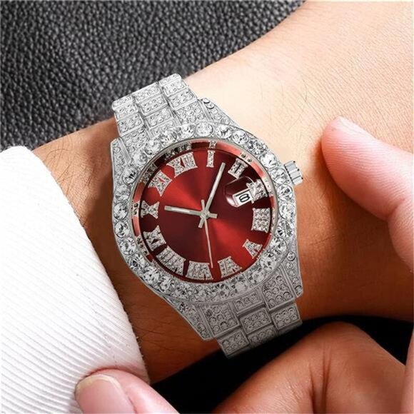 Men's Diamond Watch Fashion Crystal Rhinestone Quartz Analog Watch Iced-Out - Picture 3 of 7